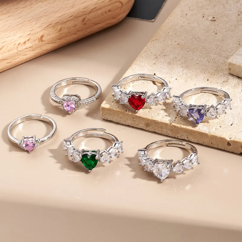 Fashionable Color-Preserving Electroplated Zircon Heart Ring Handmade Polished Engraved Adjustable Size White Gold Plated Copper