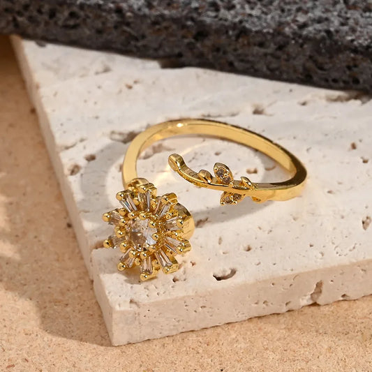 Fashionable Color Retention Plated Micro Paved Zircon Large Pearl Square Flower Open Ring Elegant Simple Design Adjustable Size