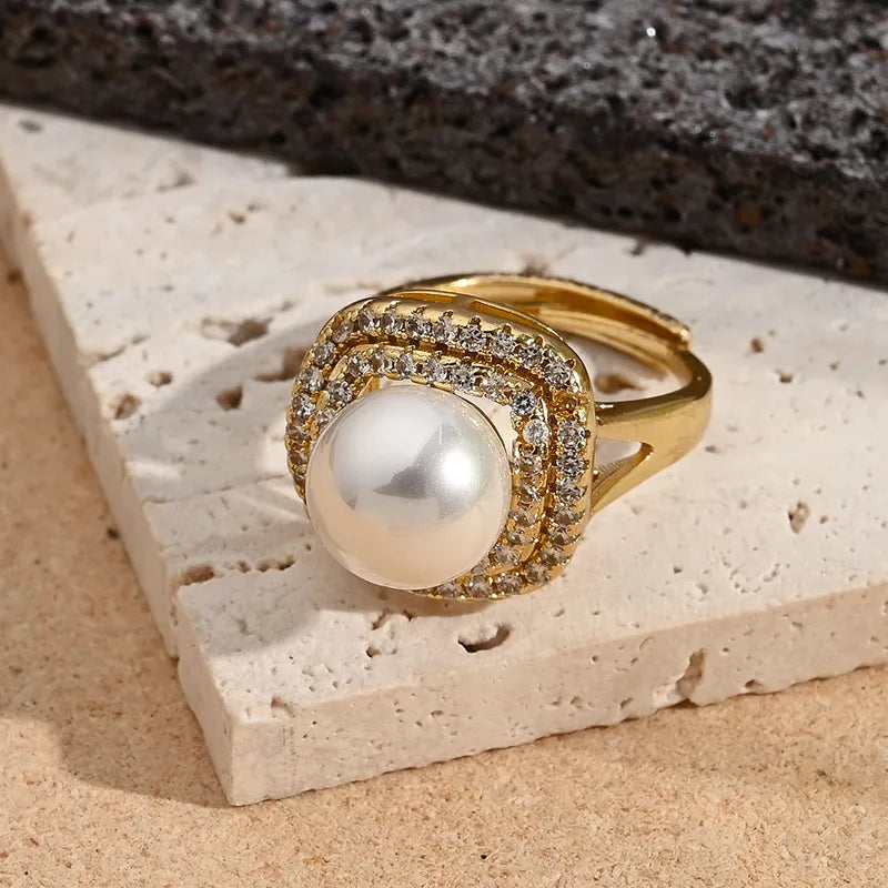 Fashionable Color Retention Plated Micro Paved Zircon Large Pearl Square Flower Open Ring Elegant Simple Design Adjustable Size