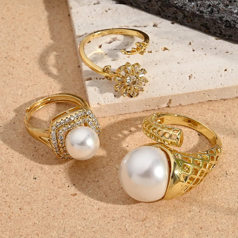 Fashionable Color Retention Plated Micro Paved Zircon Large Pearl Square Flower Open Ring Elegant Simple Design Adjustable Size