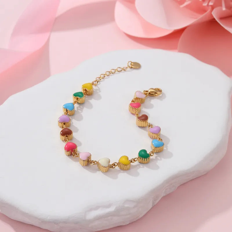 Fashionable Colorful Drip Oil Heart Shaped Bracelet Simple Elegance Design Hand Jewelry Stainless Steel Lobster Clasp Versatile Use