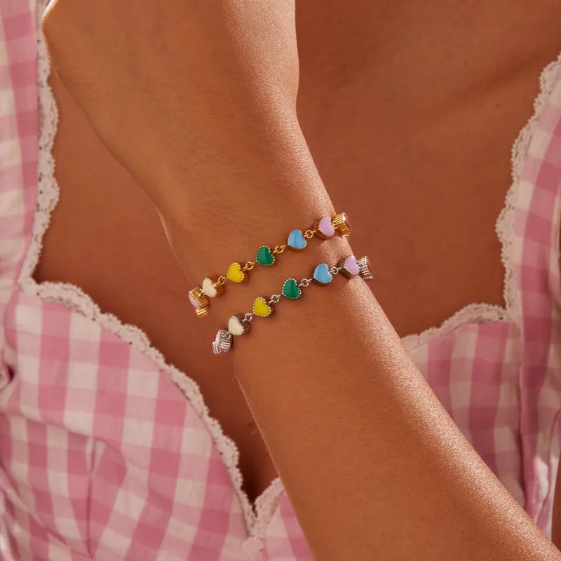 Fashionable Colorful Drip Oil Heart Shaped Bracelet Simple Elegance Design Hand Jewelry Stainless Steel Lobster Clasp Versatile Use