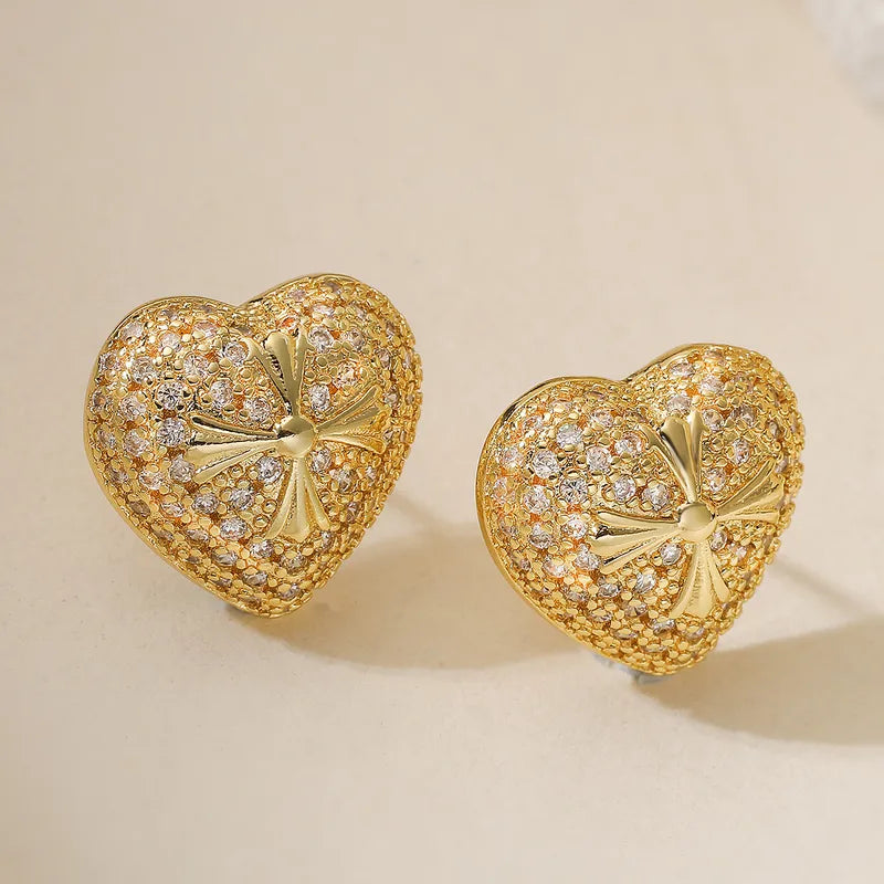Fashionable Copper Plated 18K Gold Zircon Heart Shaped Earrings Women's Vintage Versatile Ear Jewelry Daily Wear
