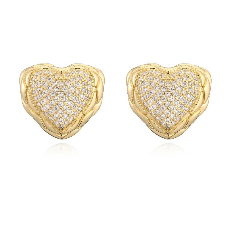 Fashionable Copper Plated 18K Gold Zircon Heart Shaped Earrings Women's Vintage Versatile Ear Jewelry Daily Wear