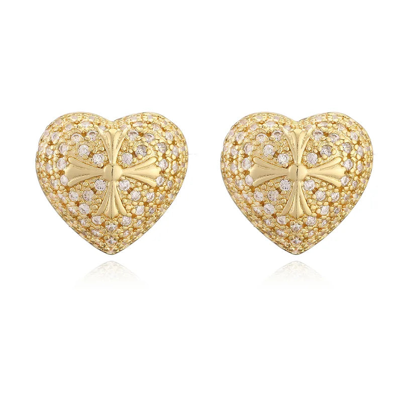 Fashionable Copper Plated 18K Gold Zircon Heart Shaped Earrings Women's Vintage Versatile Ear Jewelry Daily Wear