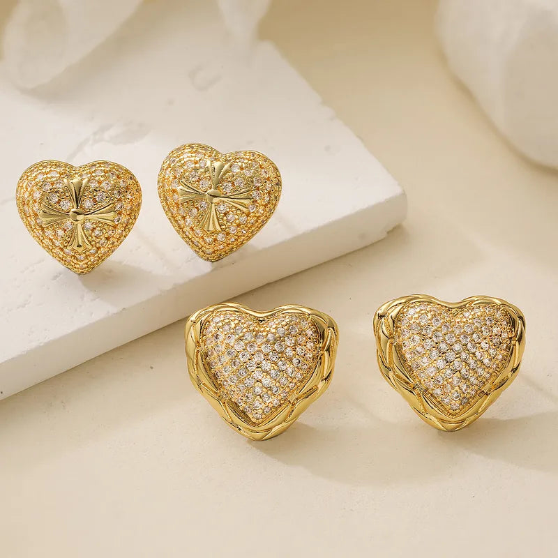 Fashionable Copper Plated 18K Gold Zircon Heart Shaped Earrings Women's Vintage Versatile Ear Jewelry Daily Wear