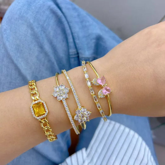 Fashionable Electroplated Color Retention Rectangle Flower Butterfly Knot Bracelet Handmade Polished Embedded Casual Party Wear Gold Copper Zirconia Stone Women's Bracelet
