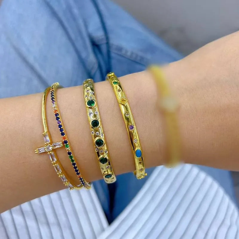 Fashionable Electroplated Zircon Cross Round Square Bracelet Color Retention Handmade Polished Jewelry For Casual Daily Party Women Copper