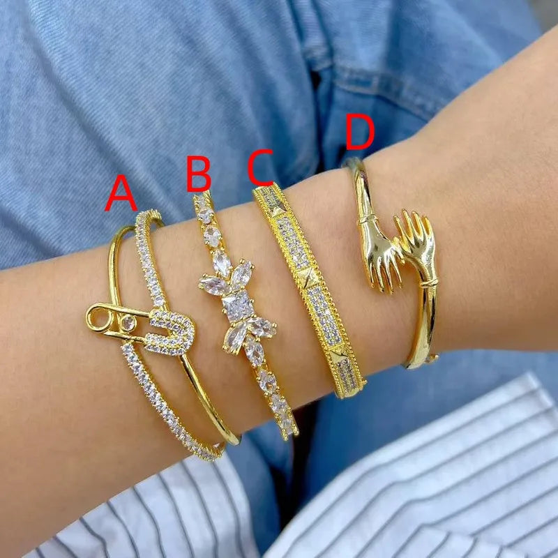 Fashionable Electroplated Zircon Micro-Set Geometric Shape Hand Bracelet Stylish Color-Preserving Jewelry For Casual And Party Wear