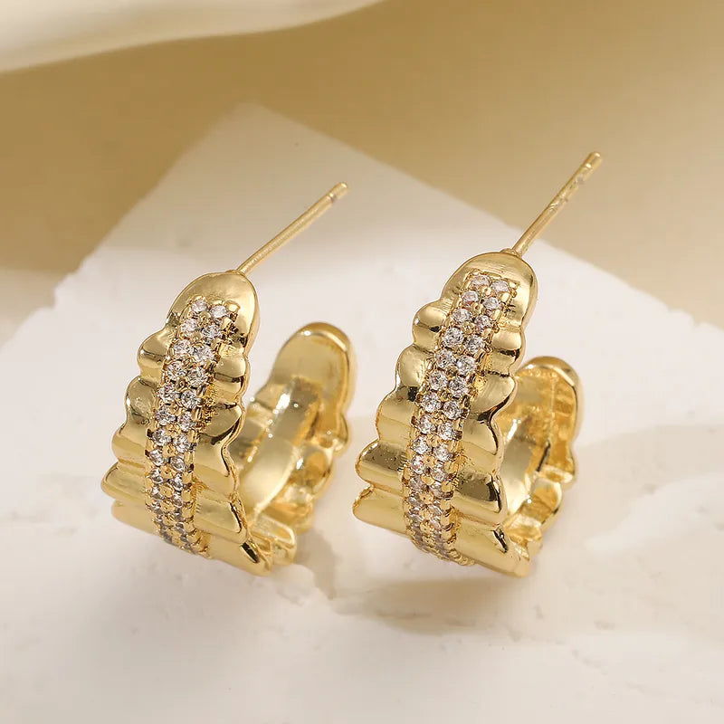 Fashionable Geometric Copper Plated 18K Gold Zirconia C-Shaped Earrings Women's Design Sensible Versatile Ear Jewelry