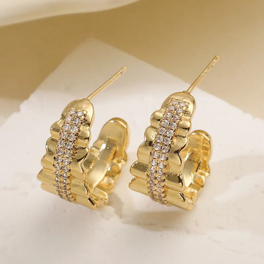 Fashionable Geometric Copper Plated 18K Gold Zirconia C-Shaped Earrings Women's Design Sensible Versatile Ear Jewelry