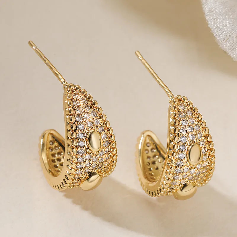 Fashionable Geometric Copper Plated 18K Gold Zirconia C-Shaped Earrings Women's Design Sensible Versatile Ear Jewelry