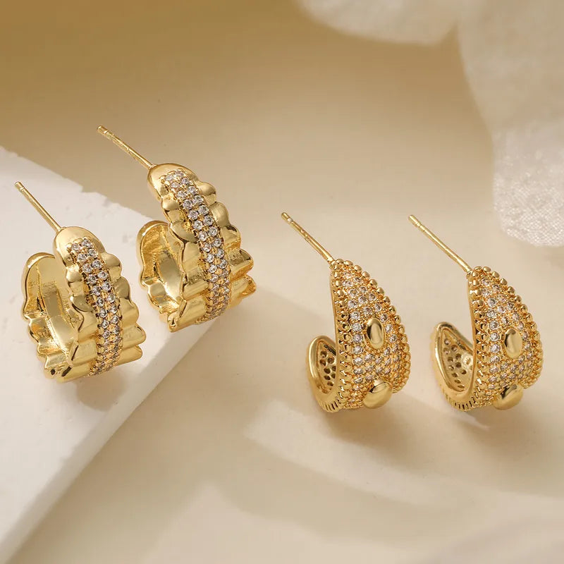 Fashionable Geometric Copper Plated 18K Gold Zirconia C-Shaped Earrings Women's Design Sensible Versatile Ear Jewelry