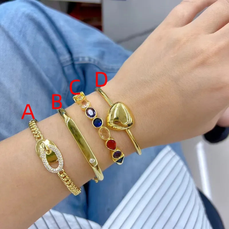 Fashionable Geometric Shape Bracelet With Micro-Paved Zirconia Electroplated Color Retention Handmade Polished Copper Alloy