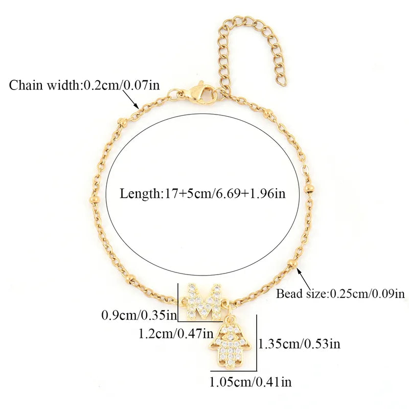 Fashionable Gold Plated Micro-Set Zircon Palm Letter Stainless Steel Beads Chain Women's Bracelet Elegant Simple Classic Style