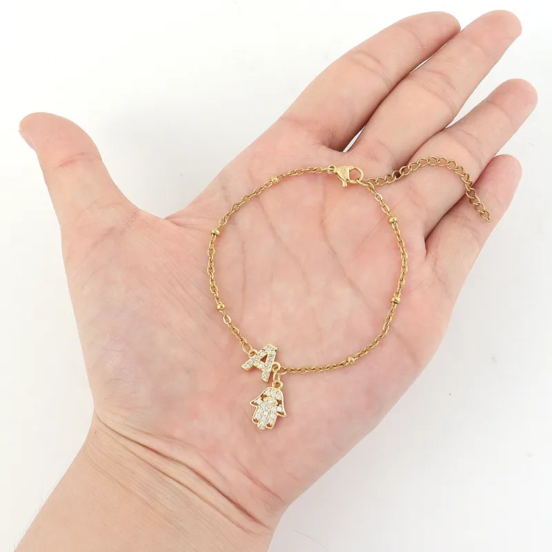 Fashionable Gold Plated Micro-Set Zircon Palm Letter Stainless Steel Beads Chain Women's Bracelet Elegant Simple Classic Style