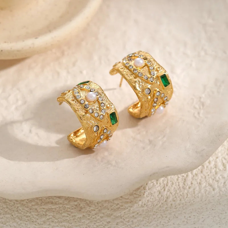 Fashionable Hammered C-Shape Earrings Women's Stainless Steel 18K Gold Plated High-End Feelings Studs Geometric Pattern Jewelry