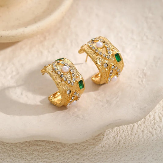 Fashionable Hammered C-Shape Earrings Women's Stainless Steel 18K Gold Plated High-End Feelings Studs Geometric Pattern Jewelry