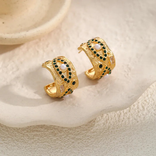 Fashionable Hammered C-Shape Earrings Women's Stainless Steel 18K Gold Plated High-End Feelings Studs Geometric Pattern Jewelry