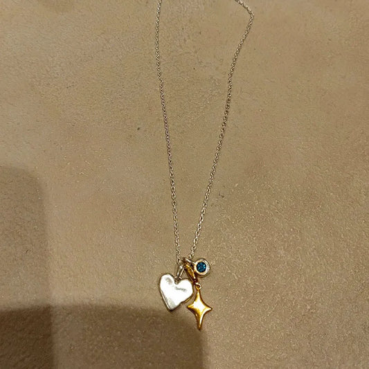 Fashionable Heart And Starburst Diamond Embedded Pendant Women's Necklace Elegant Lockbone Chain Stylish Accessory For Her