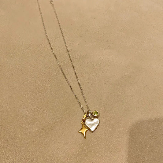 Fashionable Heart And Starburst Diamond Embedded Pendant Women's Necklace Elegant Lockbone Chain Stylish Accessory For Her