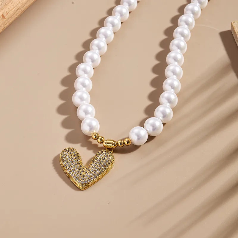 Fashionable Heart Leopard Pearl Necklace Handmade Polished Embedded Copper Lobster Clasp Zircon Stone
