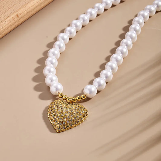 Fashionable Heart Leopard Pearl Necklace Handmade Polished Embedded Copper Lobster Clasp Zircon Stone
