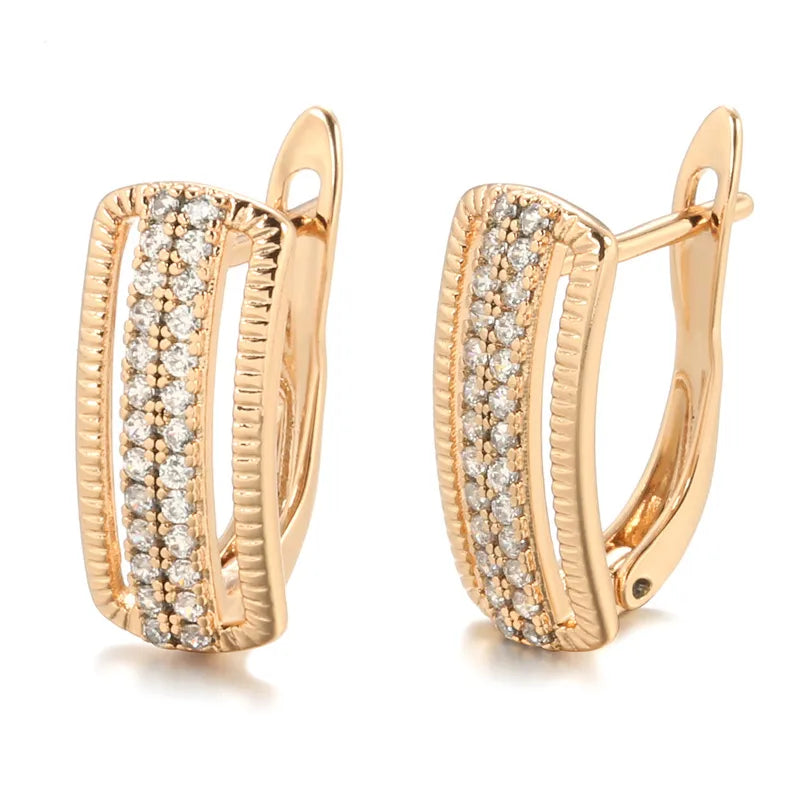 Fashionable Hollow Out Dual Row Diamond Clasp Earrings Women's Copper Plated Real Gold Micro Paved Zirconia Studs Geometric Pattern