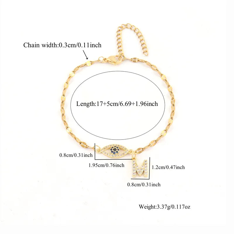 Fashionable Initial Pendant Zircon Devil's Eye Stainless Steel Gold Color Women's Bracelet Lip Chain Simple Style Everyday Wear