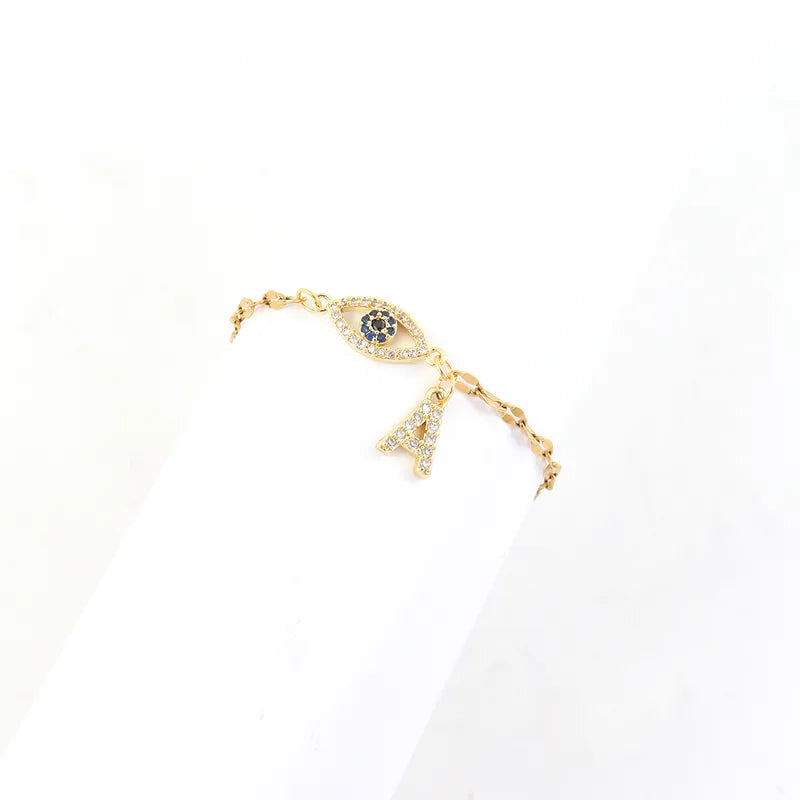 Fashionable Initial Pendant Zircon Devil's Eye Stainless Steel Gold Color Women's Bracelet Lip Chain Simple Style Everyday Wear