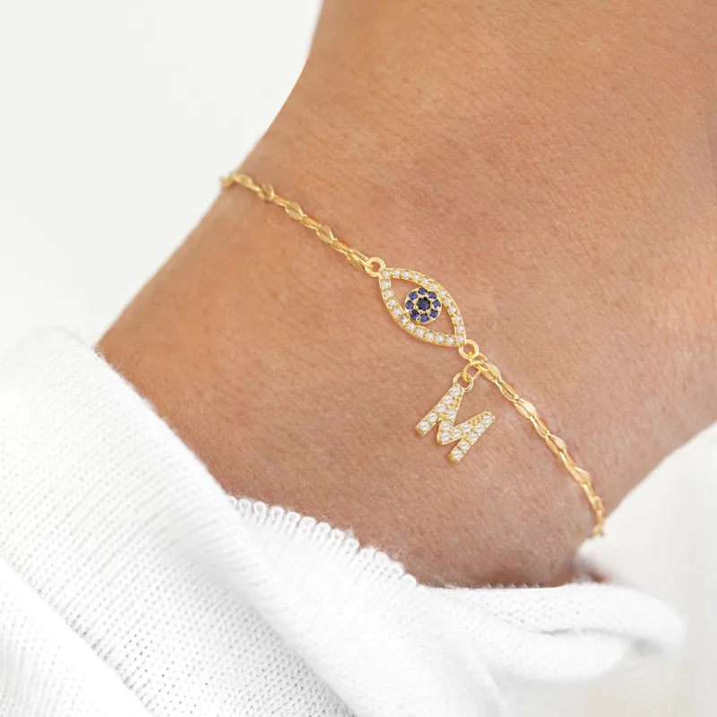 Fashionable Initial Pendant Zircon Devil's Eye Stainless Steel Gold Color Women's Bracelet Lip Chain Simple Style Everyday Wear