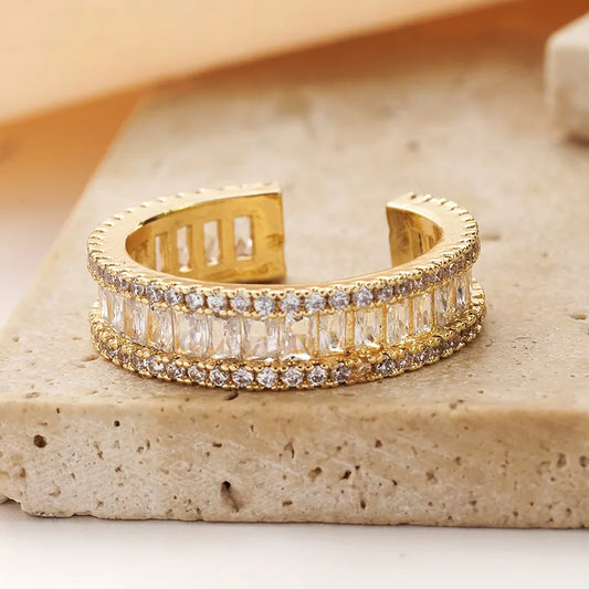 Fashionable Ins Style Color Retention Electroplated Micro Paved Rectangle Color Zircon Open Ring Adjustable Size For Women