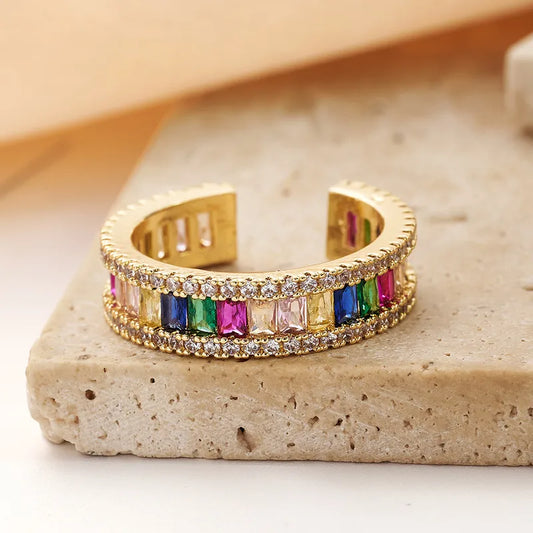 Fashionable Ins Style Color Retention Electroplated Micro Paved Rectangle Color Zircon Open Ring Adjustable Size For Women