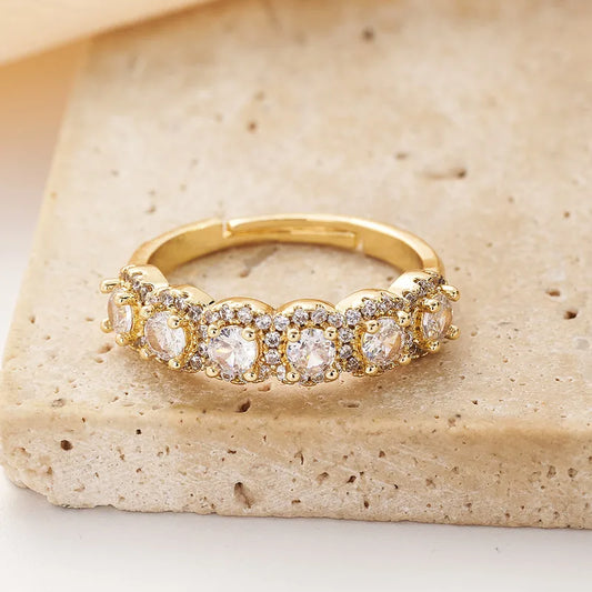 Fashionable Ins Style Color Retention Electroplated Micro Paved Round Color Zircon Open Ring Adjustable Size For Women Modern Wind