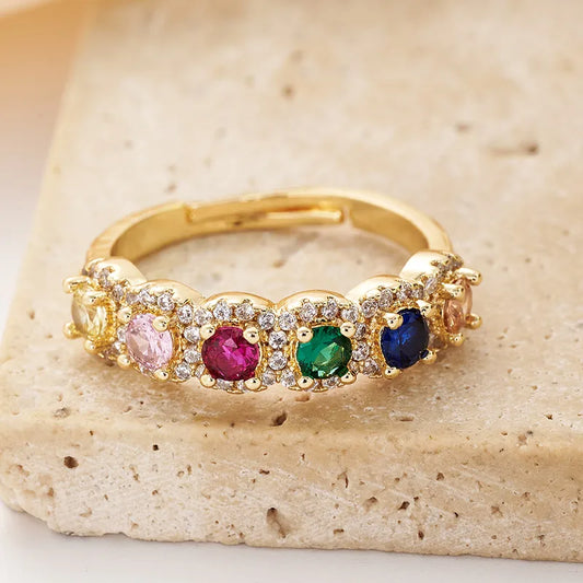 Fashionable Ins Style Color Retention Electroplated Micro Paved Round Color Zircon Open Ring Adjustable Size For Women Modern Wind