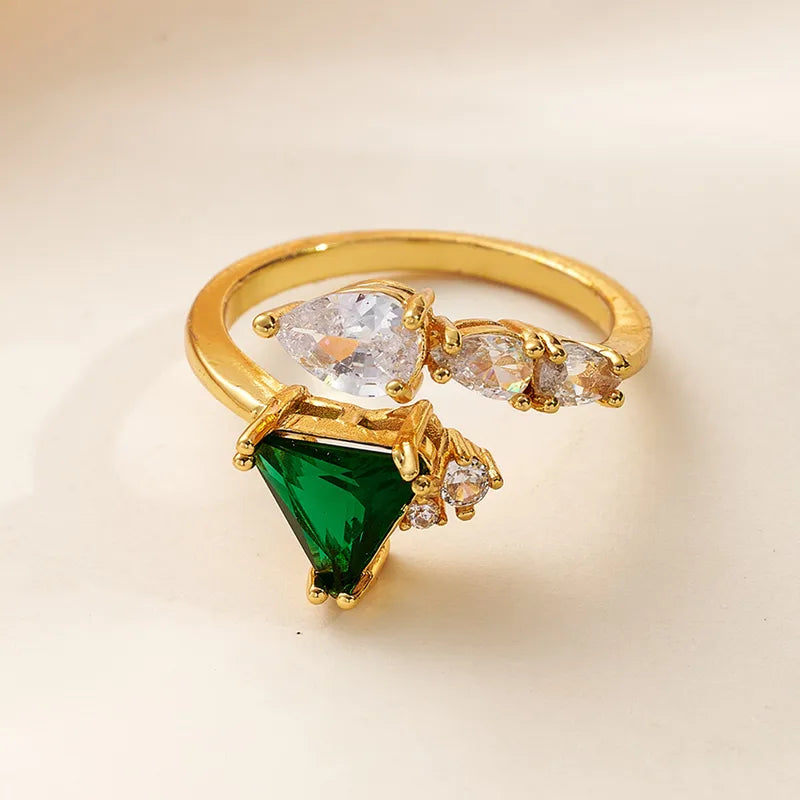 Fashionable Ins Style Micro Paved Zircon Triangle And Tear Drop Shaped Ring Adjustable Size Geometric Pattern Gold Plated Copper