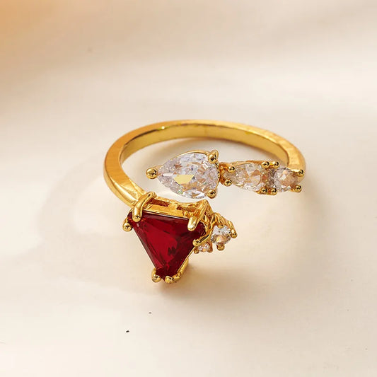 Fashionable Ins Style Micro Paved Zircon Triangle And Tear Drop Shaped Ring Adjustable Size Geometric Pattern Gold Plated Copper