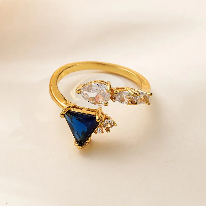 Fashionable Ins Style Micro Paved Zircon Triangle And Tear Drop Shaped Ring Adjustable Size Geometric Pattern Gold Plated Copper
