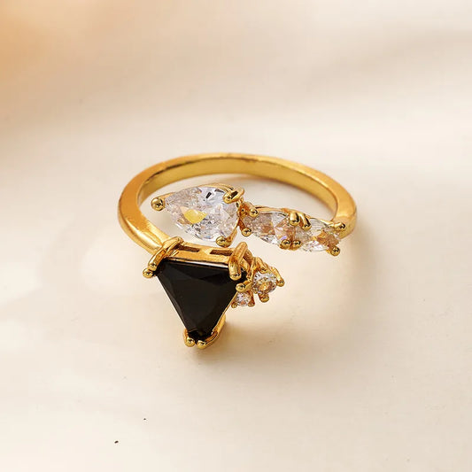 Fashionable Ins Style Micro Paved Zircon Triangle And Tear Drop Shaped Ring Adjustable Size Geometric Pattern Gold Plated Copper