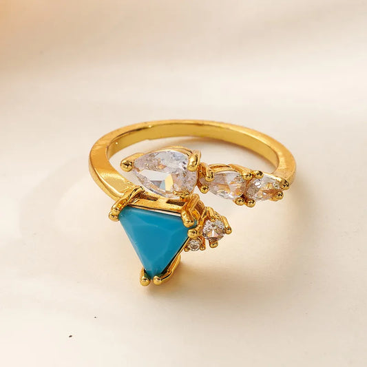 Fashionable Ins Style Micro Paved Zircon Triangle And Tear Drop Shaped Ring Adjustable Size Geometric Pattern Gold Plated Copper