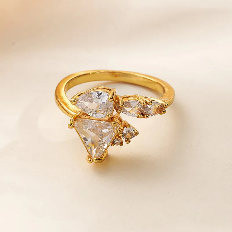 Fashionable Ins Style Micro Paved Zircon Triangle And Tear Drop Shaped Ring Adjustable Size Geometric Pattern Gold Plated Copper