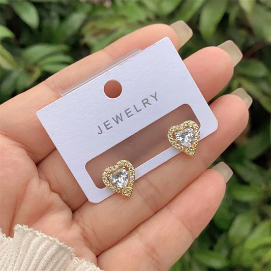 Fashionable Ladies' Copper Plated 18K Gold Embedded Zircon Heart Round Ring Style Earrings New Arrival Versatile Daily Wear Gift