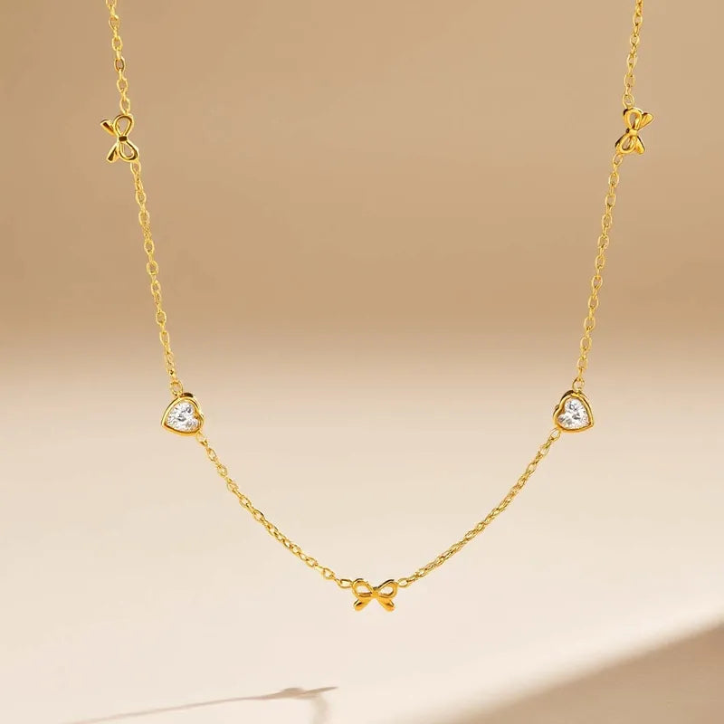 Fashionable Ladies Stainless Steel Heart Shaped White Diamond Cherry Necklace Gold Plated Butterfly Knot Jewelry Accessory