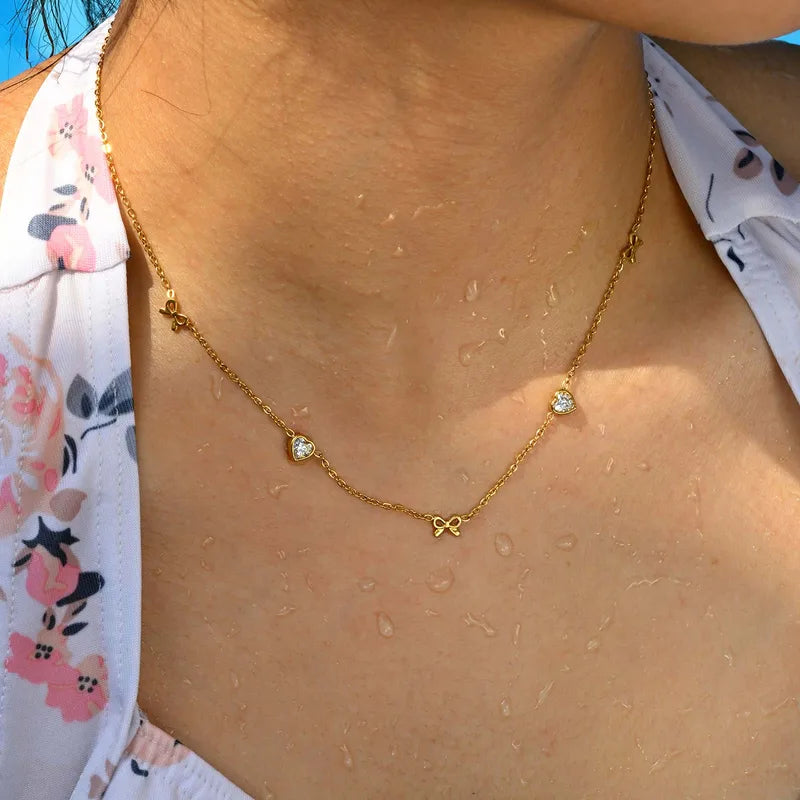 Fashionable Ladies Stainless Steel Heart Shaped White Diamond Cherry Necklace Gold Plated Butterfly Knot Jewelry Accessory