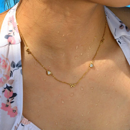 Fashionable Ladies Stainless Steel Heart Shaped White Diamond Cherry Necklace Gold Plated Butterfly Knot Jewelry Accessory