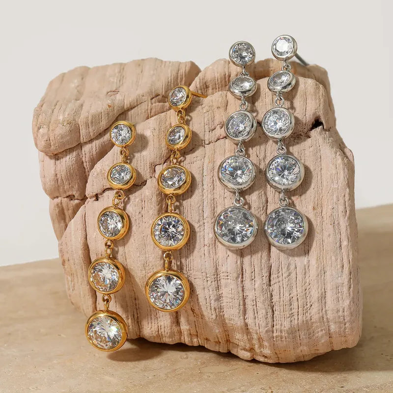 Fashionable Long Round Zircon Pendant Stainless Steel Women's Earrings Flashing Stylish Personality Delicate Versatile Hoop Earrings