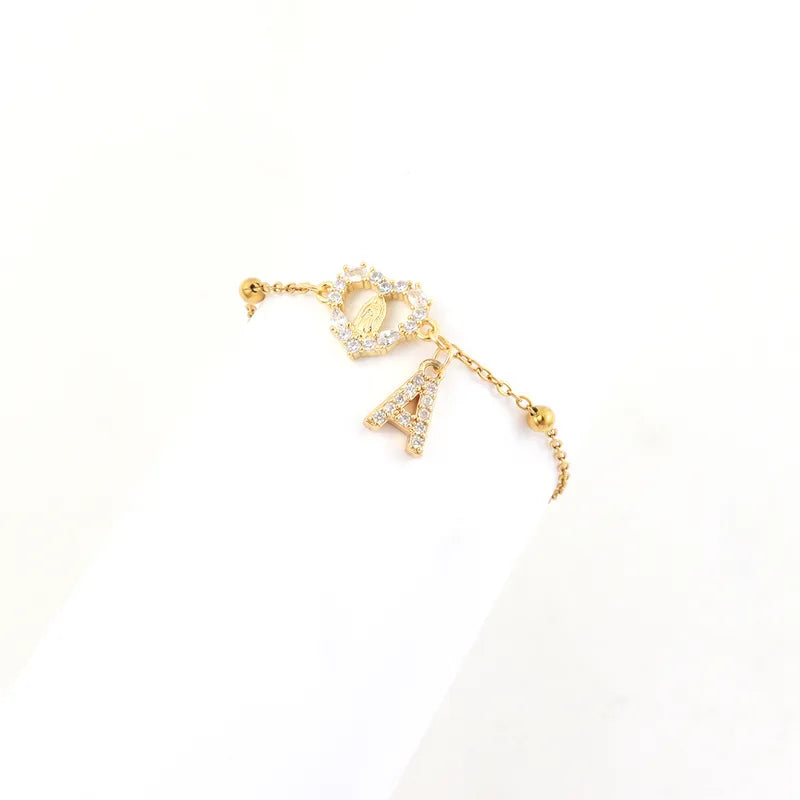 Fashionable Micro-Set Zircon Heart Shaped Saint Mary Initial Gold Stainless Steel Ball Clip Chain Women's Bracelet Lobster Clasp