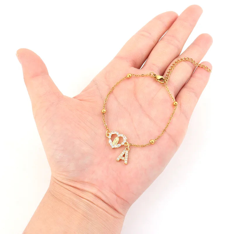 Fashionable Micro-Set Zircon Heart Shaped Saint Mary Initial Gold Stainless Steel Ball Clip Chain Women's Bracelet Lobster Clasp