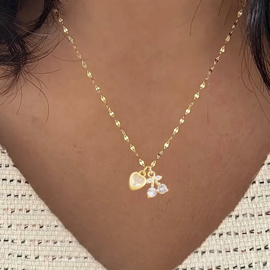 Fashionable Minimalist Multi-Color Heart Cherry Pendant Gold Stainless Steel Lip Chain Women's Necklace Elegant Classic Style