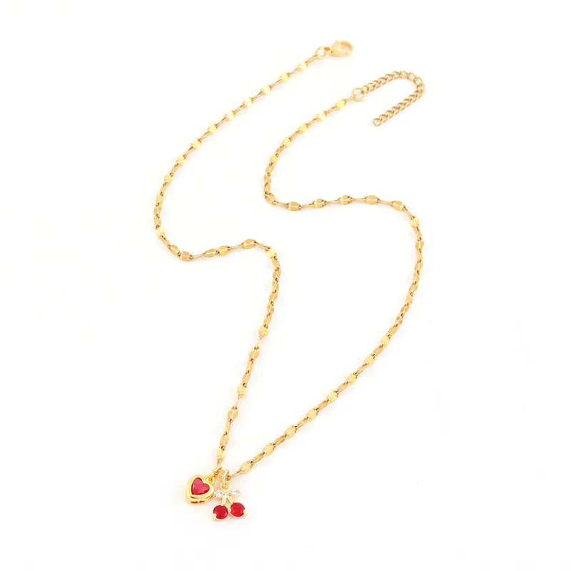 Fashionable Minimalist Multi-Color Heart Cherry Pendant Gold Stainless Steel Lip Chain Women's Necklace Elegant Classic Style